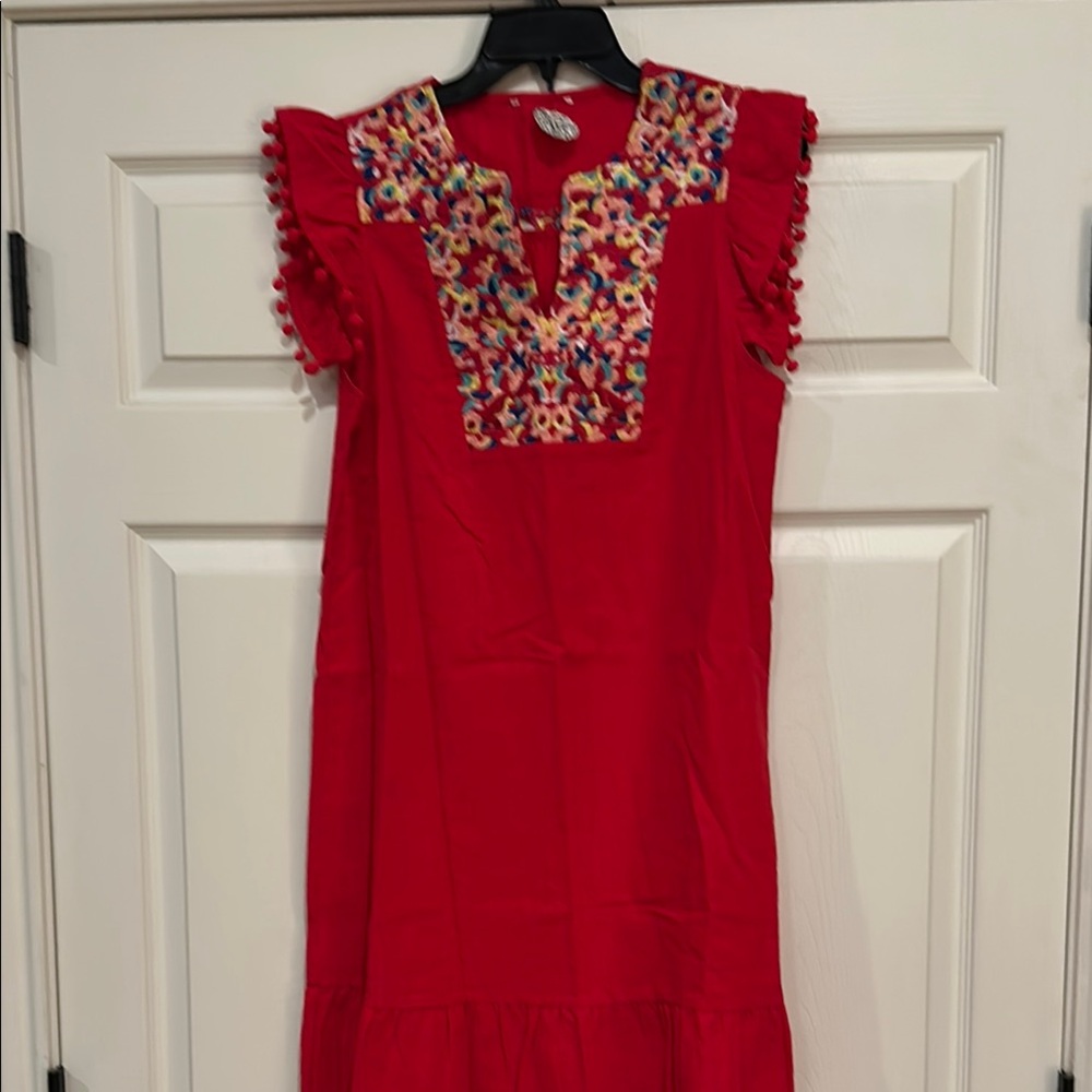 Red  Dress with Multicolor Embroidery